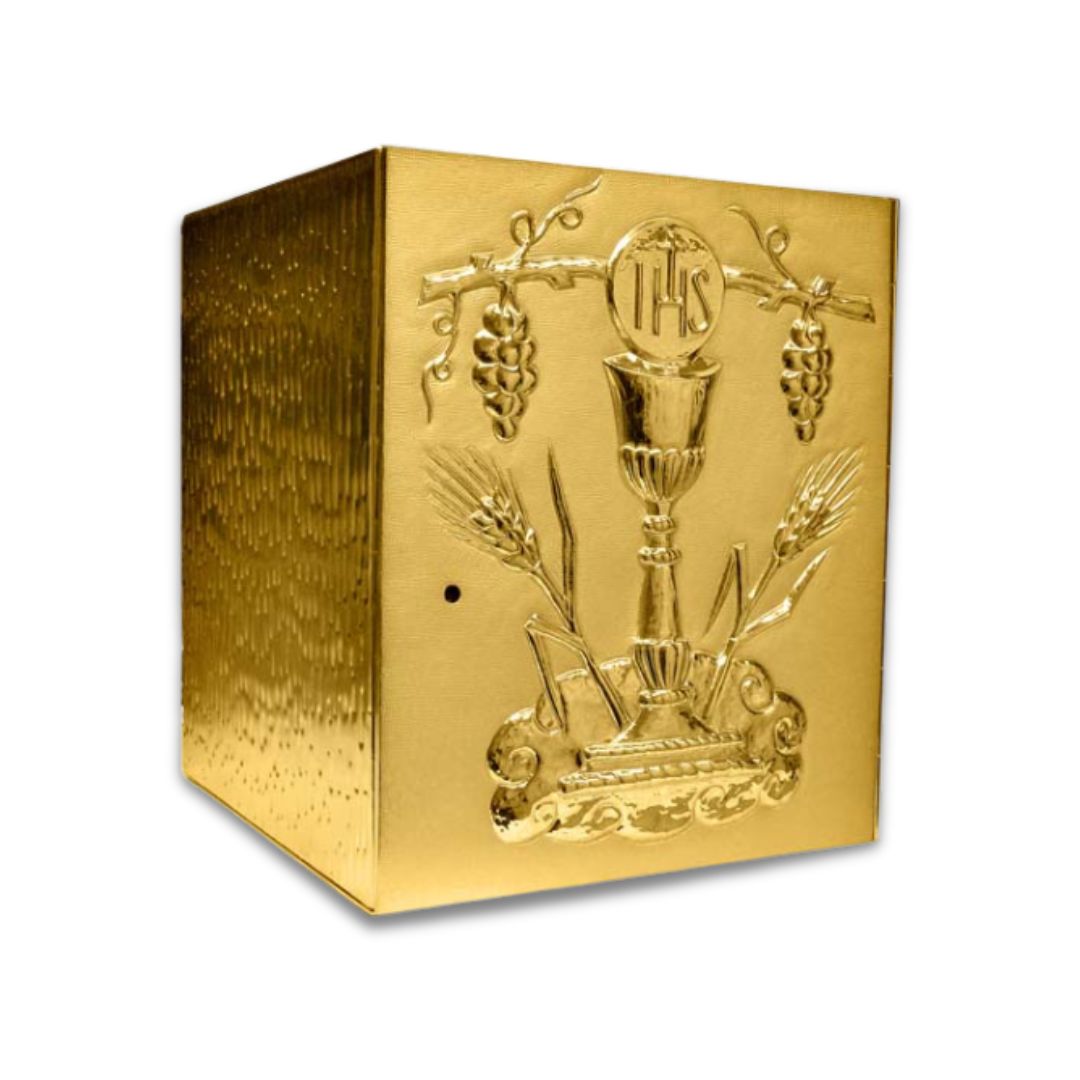Single door tabernacle with chiseled image of a chalice, grapes, and ears of wheat with a gold finish. Made in Italy and sold by The Clergy Store