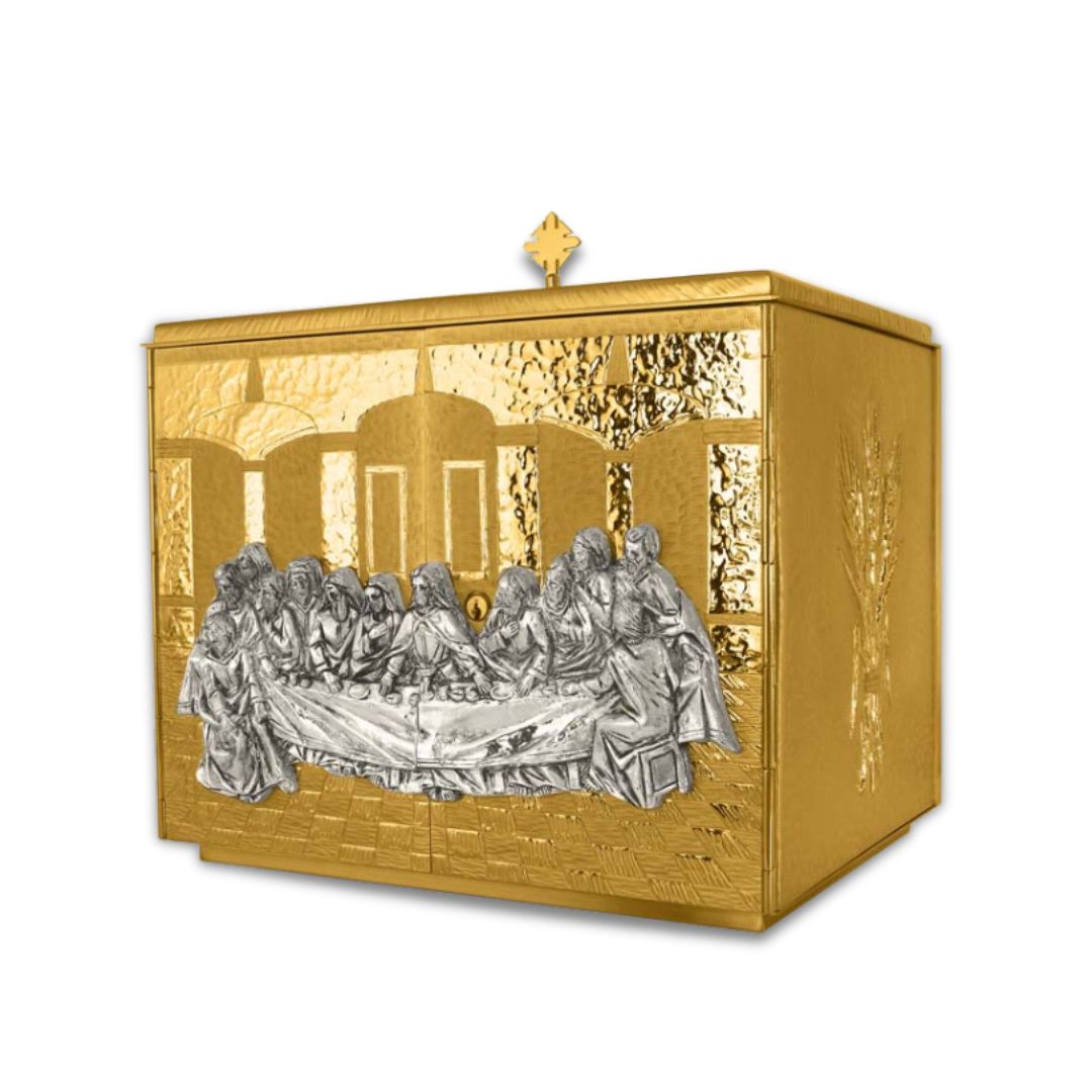 Double door tabernacle gold plated with The Last Supper. Made in Italy and sold by The Clergy Store