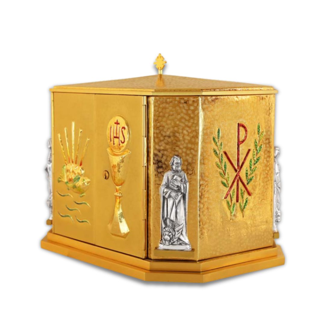 Double door octagonal tabernacle with a design of a Chalice, IHS, Fish, Four Evangelist and Loaves Made in Italy and sold by The Clergy Store