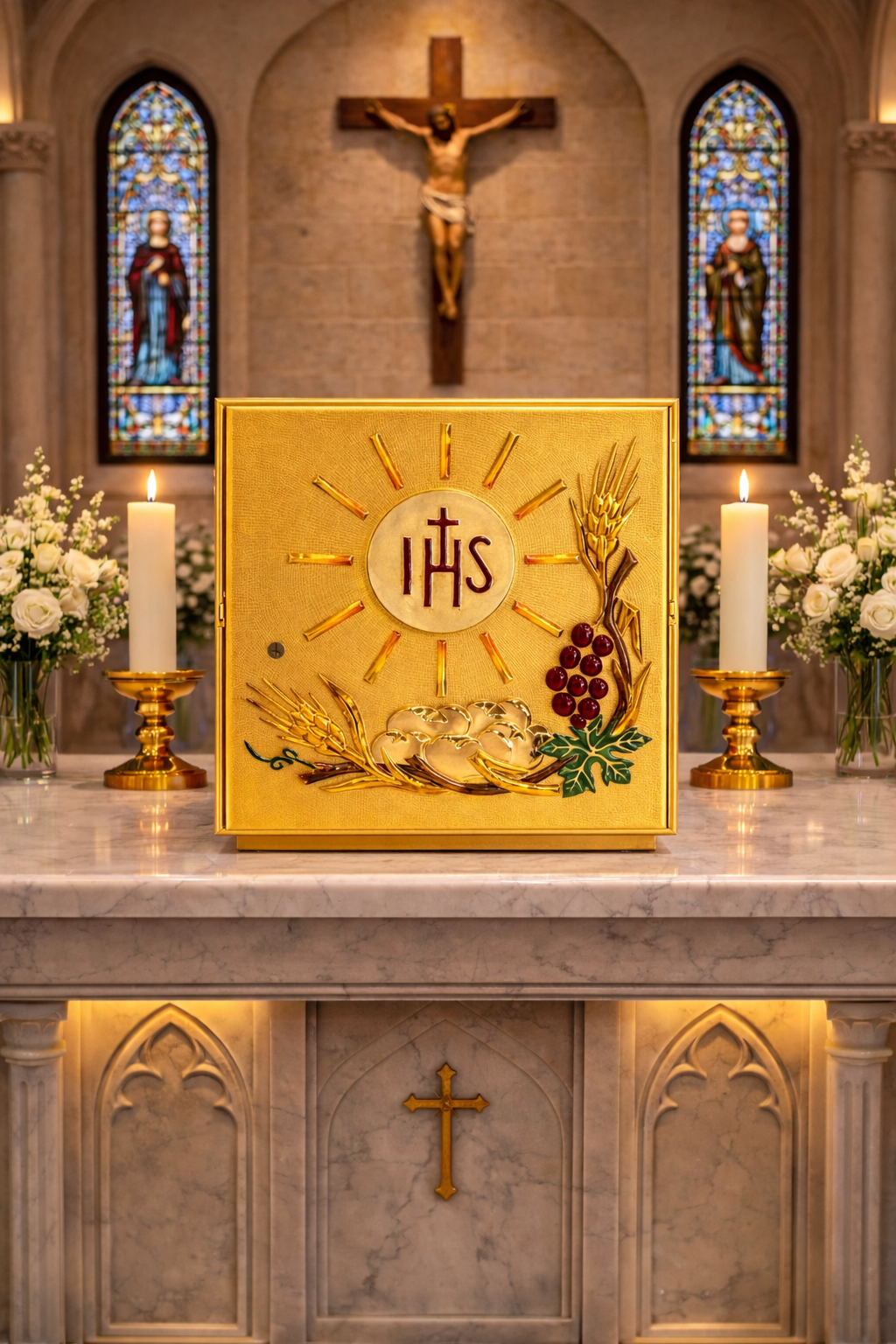 Single door tabernacle gold plated with ears of wheat, grapes, IHS made from enamel. Made in Italy and sold by The Clergy Store