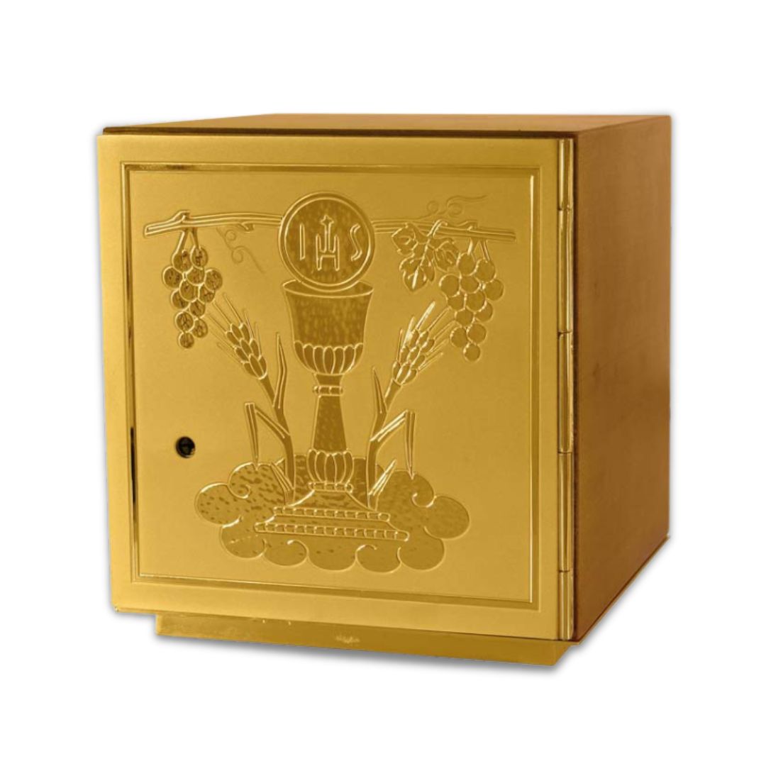 Single door tabernacle with chiseled image of a chalice, grapes, and ears of wheat sourrounded by a wood casing. Made in Italy and sold by The Clergy Store