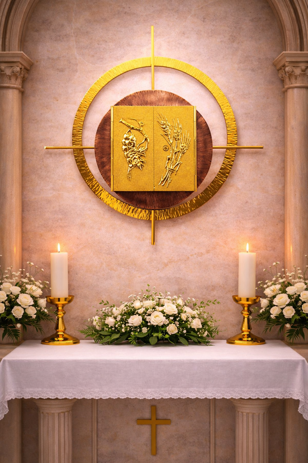 Contemporary 24K gold plated wall tabernacle with stalk of wheat. Made in Italy and sold by The Clergy Store