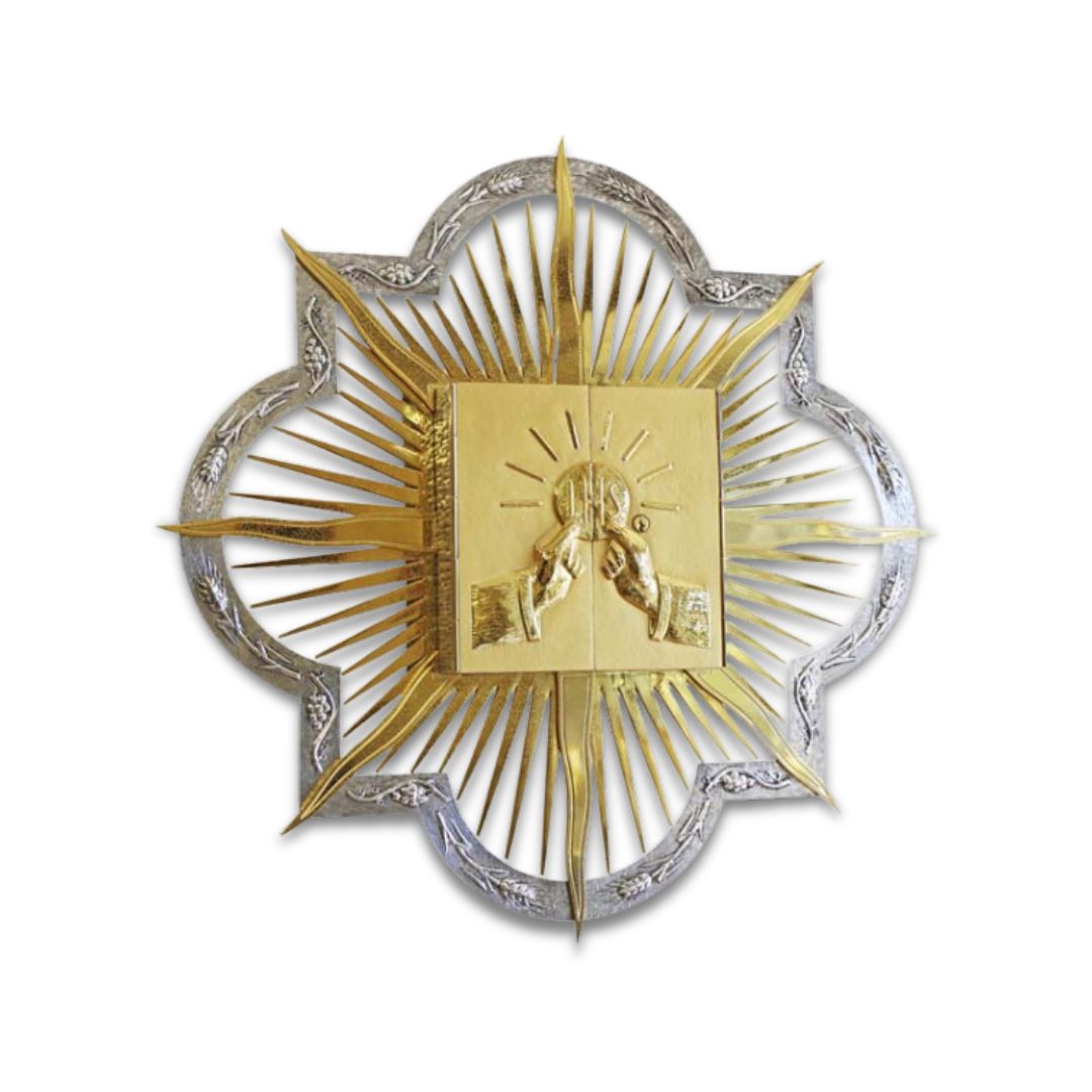Contemporary 24K gold plated wall tabernacle with chiseled Hands of God. Made in Italy and sold by The Clergy Store