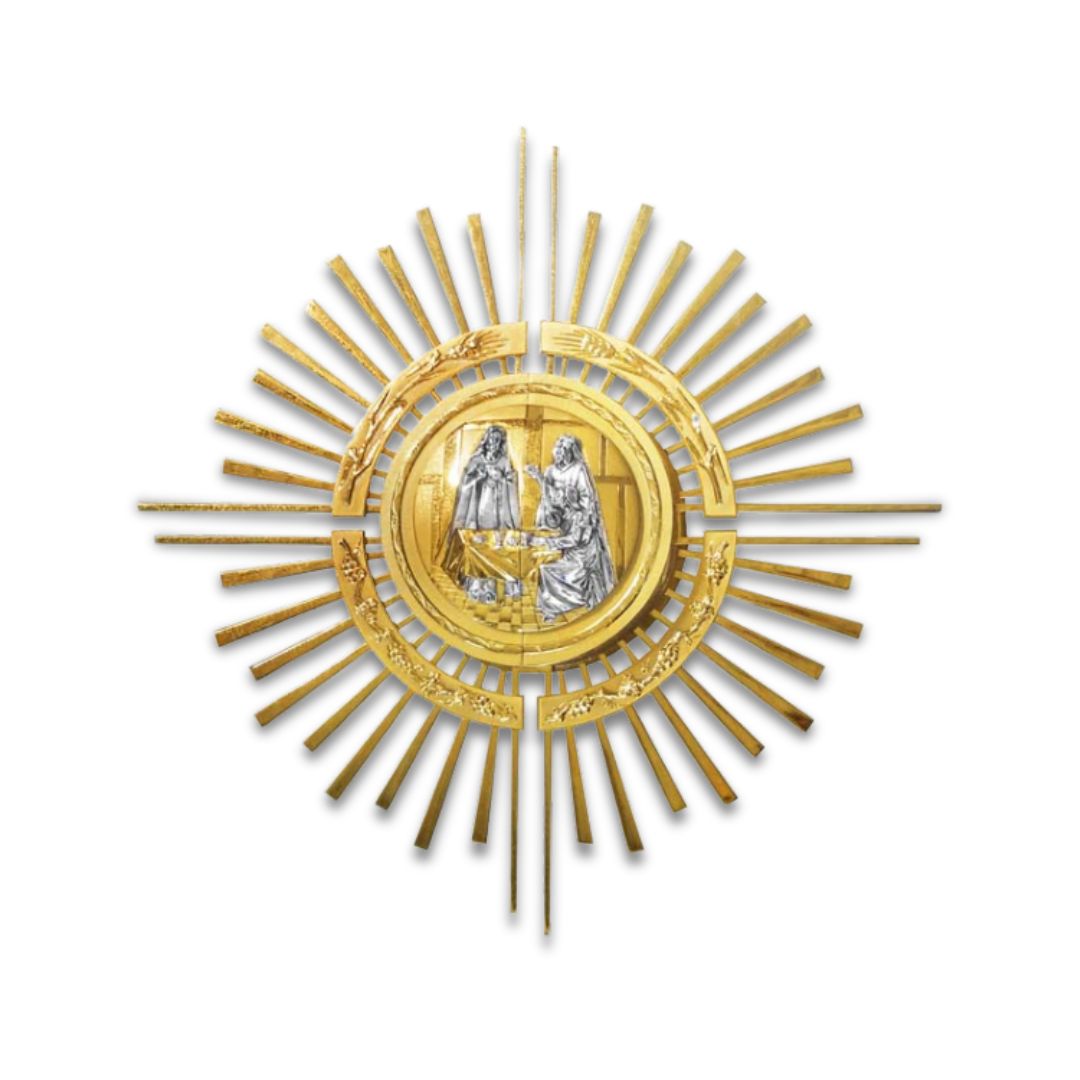 Contemporary 24K gold plated wall tabernacle with chiseled image of The Last Supper. Made in Italy and sold by The Clergy Store