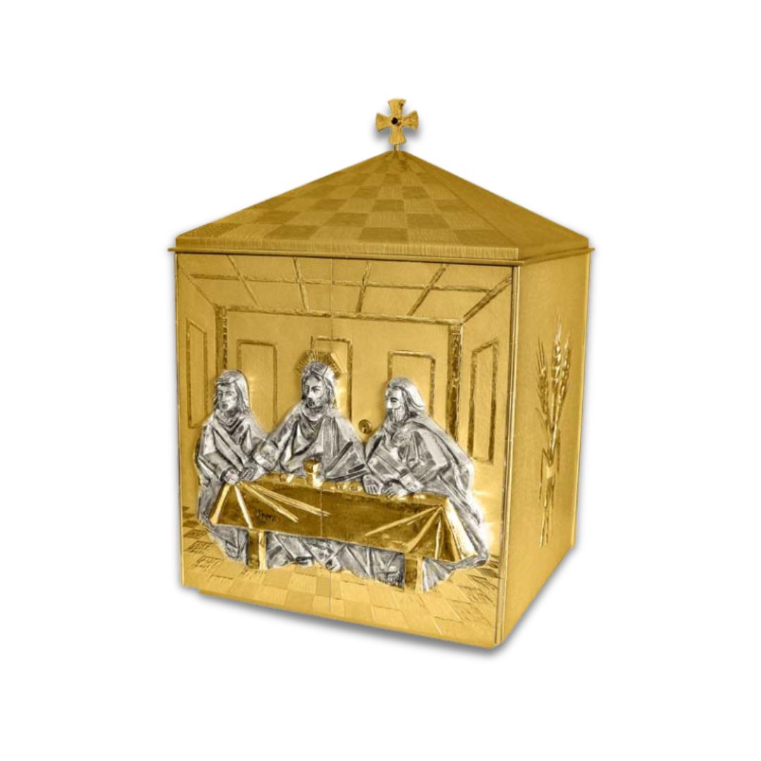 Double door tabernacle gold plated with the Last Supper. Made in Italy and sold by The Clergy Store
