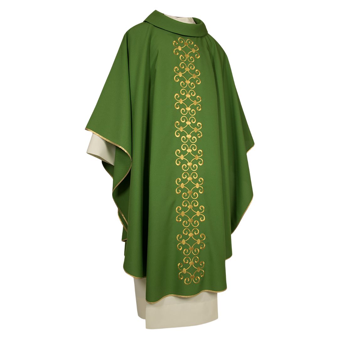 Gothic chasuble green with ornate embroidery Made in Italy and sold by The Clergy Store