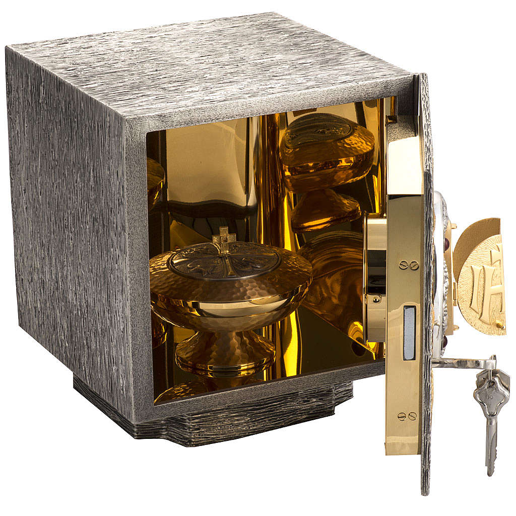 Bronze tabernacle with IHS in a silver two tone finish and red stones and adoration window. Made in Italy and sold by The Clergy Store