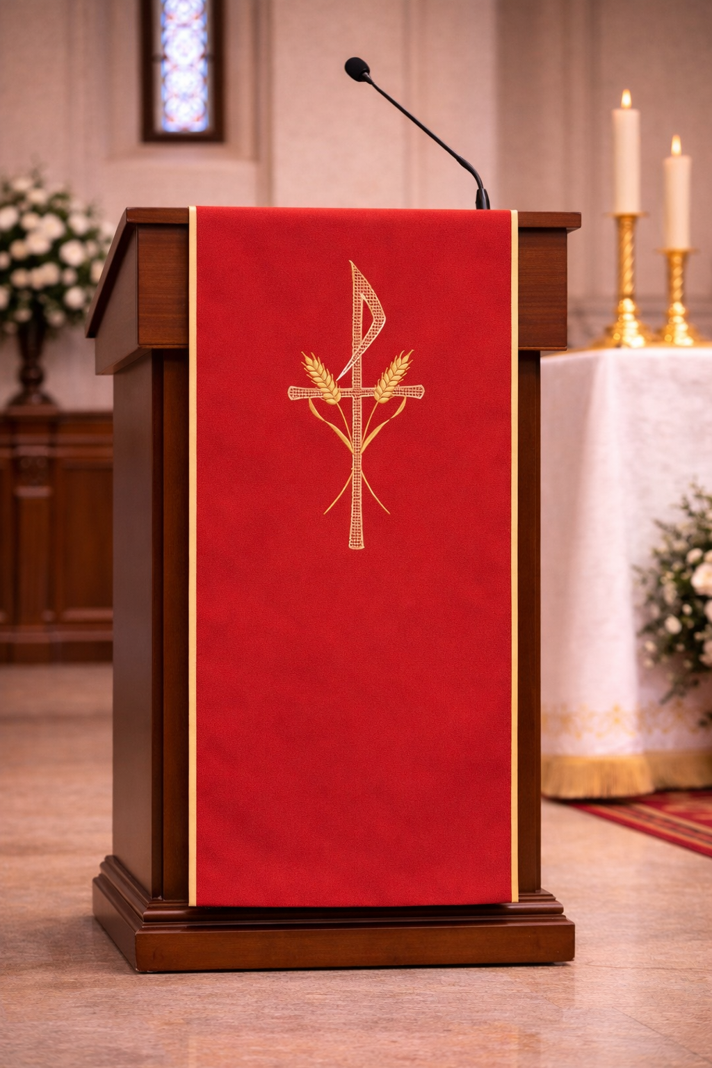 Lectern cover with embroidered Chi Rho and Stalk of Wheat design. Made by Desta and sold by The Clergy Store