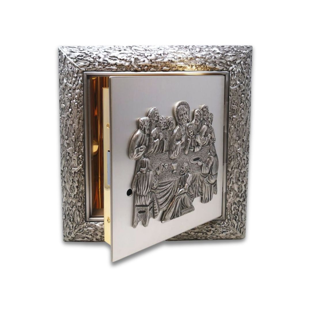 Bronze wall tabernacle Last Supper in silver finish . Made in Italy and sold by The Clergy Store