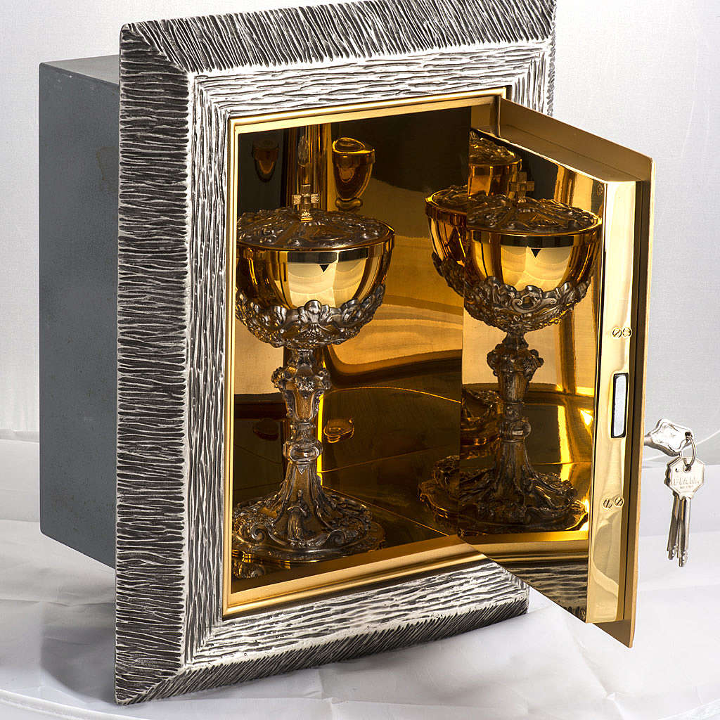Bronze wall tabernacle with The Last Supper design in a silver two tone finish. Made in Italy and sold by The Clergy Store