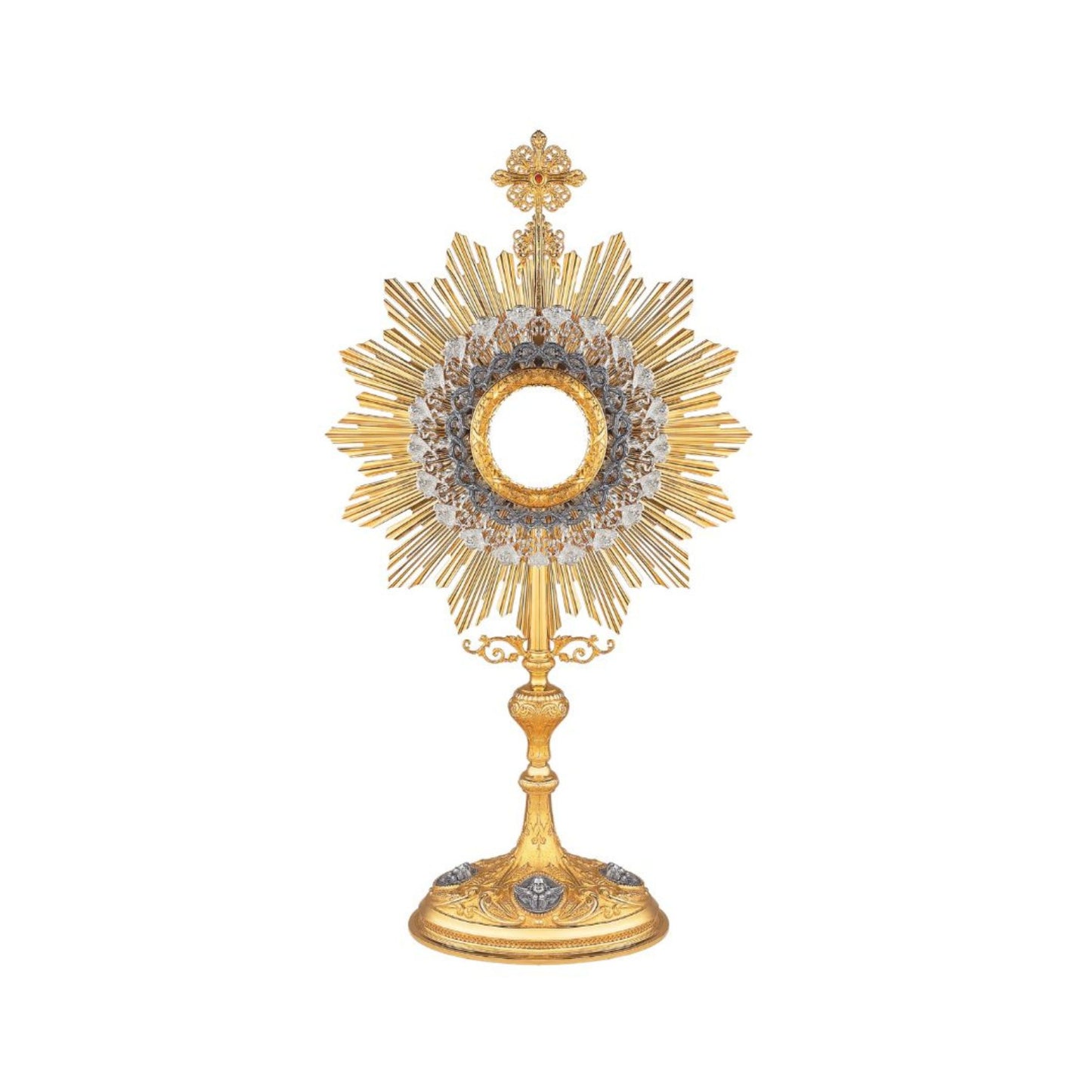 Brass monstrance, 24-karat gold-plated with silver-plated accents. The luna case is surrounded with a silver-plated and oxidized layer shaped as a crown of thorns. The cross at the top is adorned with elaborate filigrees and a red gemstone. The base features sculpted medallions depicting angels. This design is based on monstrances from the beginning of the XX century.