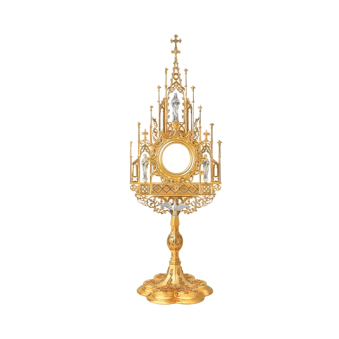 Experience the impeccable artistry and cultural importance displayed in our neo-Gothic Monstrances. Details: Featuring a luxurious Brass Gold Plated finish, Monstrance 420 stands at a majestic height of 22 7/8", adorned with figures of Jesus Christ, St. Peter, St. Paul, and the Holy Spirit. Meanwhile, Sold by The Clergy Store