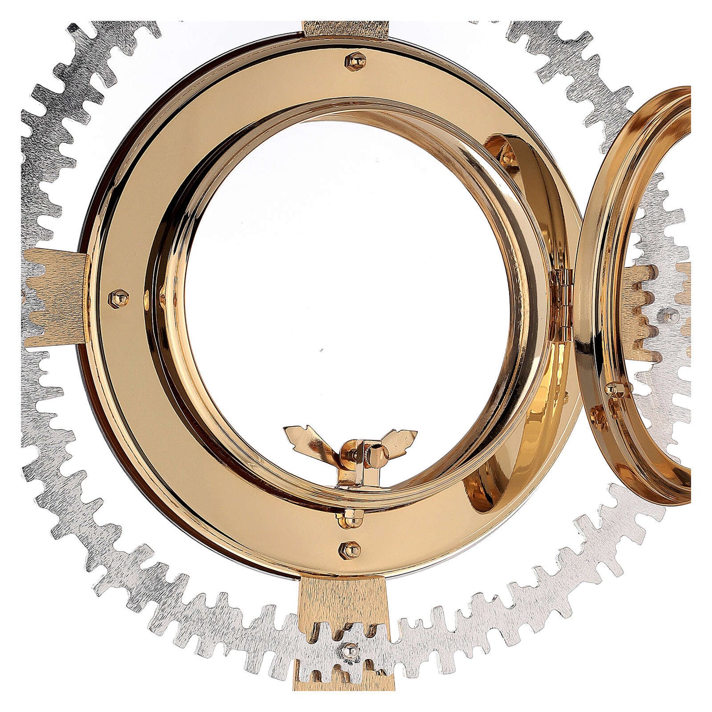 Monstrance modern with cardinal red enamel crosses style OS-14 made by Napoletana Arte Sacra Italy