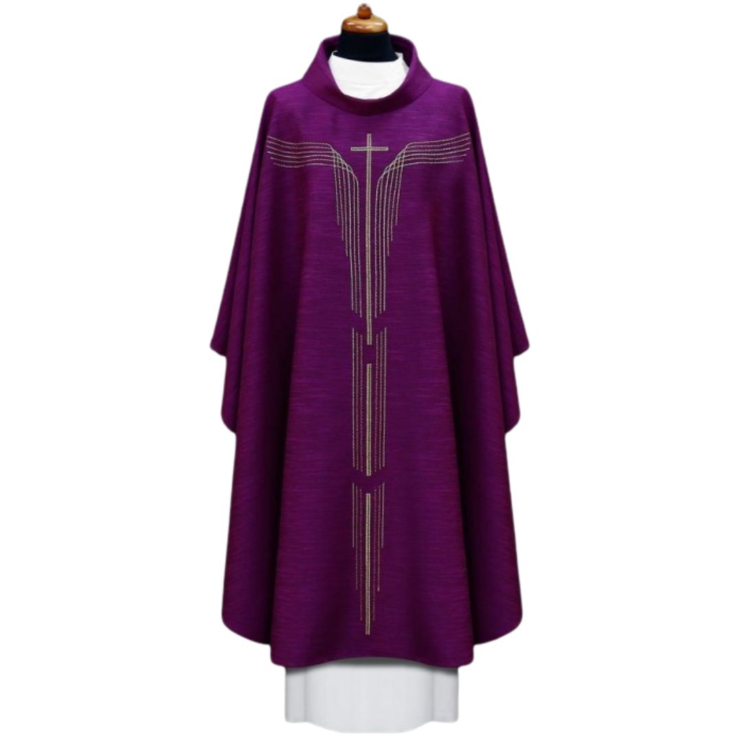 Chasuble with modern stitched cross design Made in Poland and sold by The Clergy Store