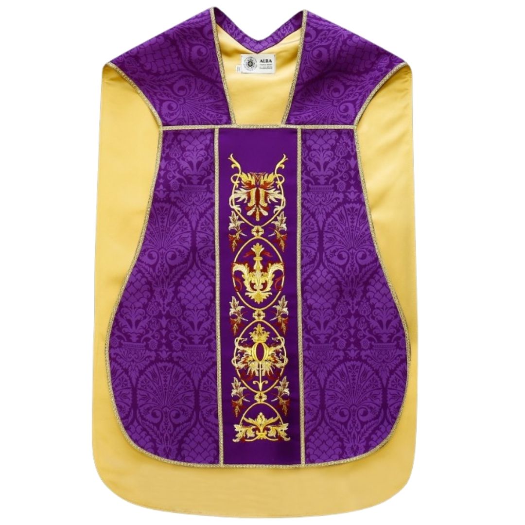 Roman chasuble purple damask with baroque embroidery on velvet panels. Lined with satin