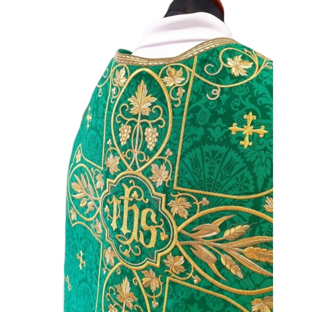 Roman chasuble or fiddleback embroidered with IHS, Ears of Wheat, and Grapes on high quality damask material.