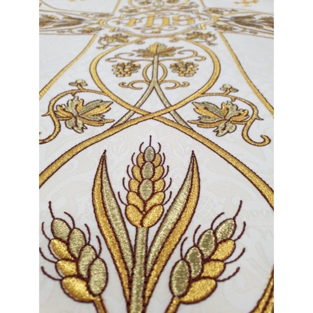 Roman chasuble or fiddleback embroidered with IHS, Ears of Wheat, and Grapes on high quality damask material.