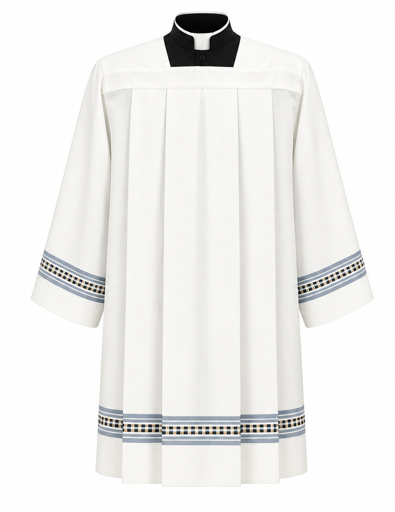 Clergy Surplice with gold thread hemstitch and front and back pleats. Made in Italy and sold by The Clergy Store