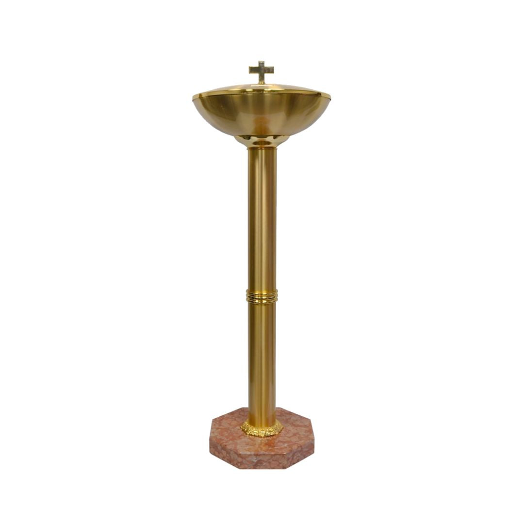 Baptismal font with marble base and finished in gold plated brass. Made in Italy and sold by The Clergy Store