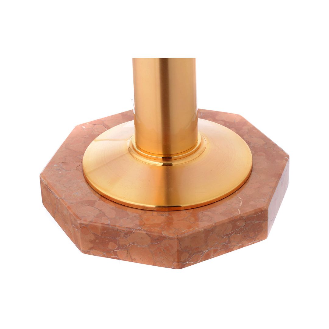 Baptismal font with blue decoration and marble base and finished in gold plated brass. Made in Italy and sold by The Clergy Store