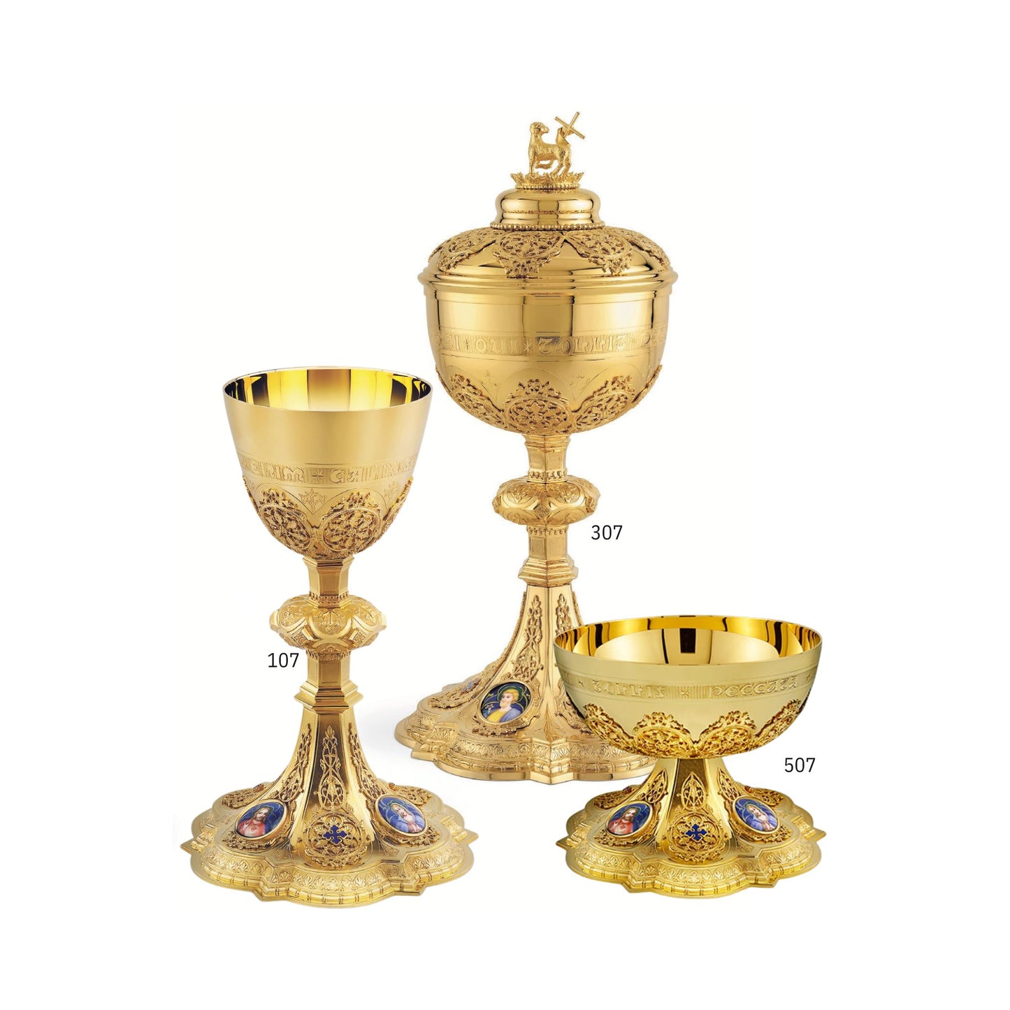 Chalice & Ciborium set in neo-gothic style with enameled medallions of the Holy Family and cup inscription: Sold by The Clergy Store