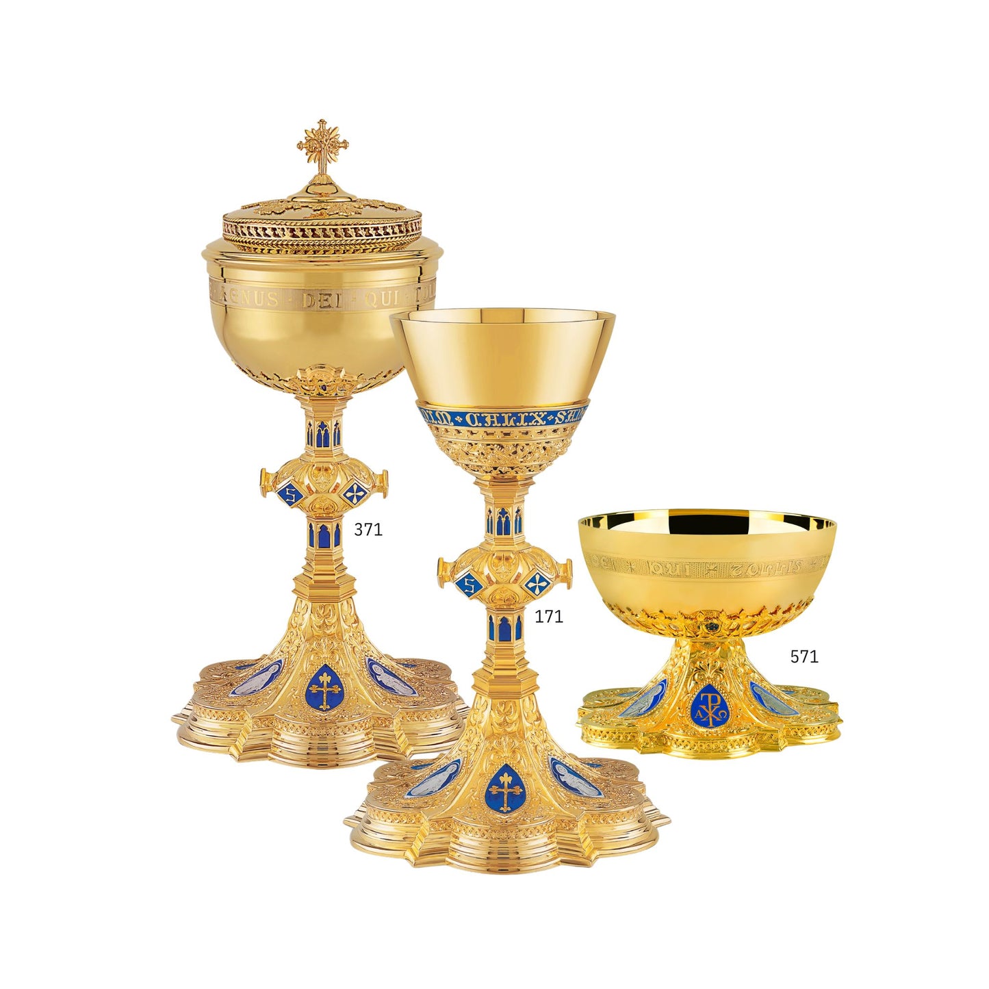 Chalice & Ciborium set in neo-gothic style with enameled medallions of the Holy Family. Sold by The Clergy Store