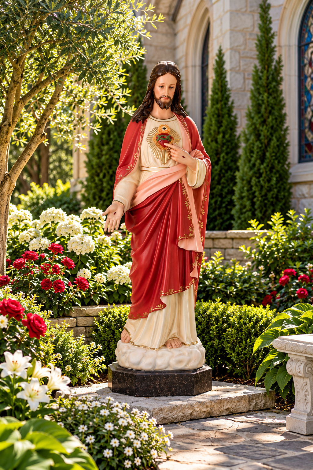 Hand-painted Sacred Heart of Jesus fiberglass statue, made in Italy