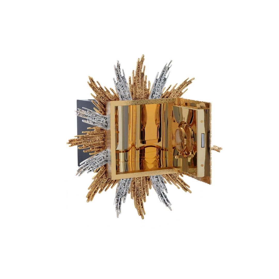 Wall Tabernacle with IHS 24K-Gold & Silver plated. Single door with adoration window. Made by Napoletana Arte Sacra