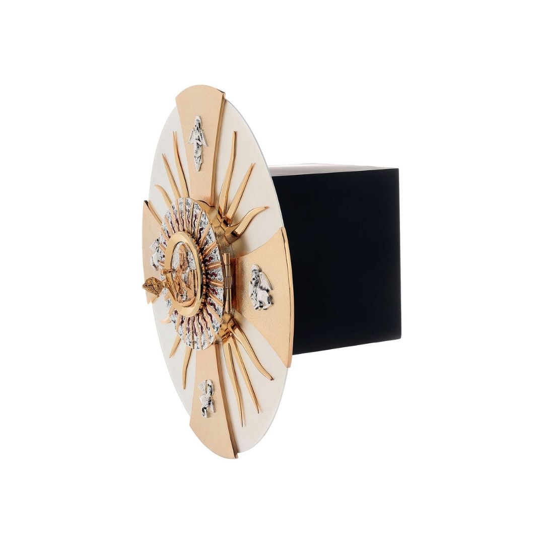 Wall Tabernacle with the four evangelist in 24k Gold Plated. Single door with adoration window. Made by Napoletana Arte Sacra Italy