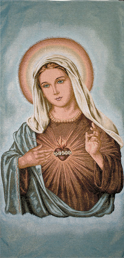 Sacred Heart of Mary religious tapestry figure with a halo on a light blue background