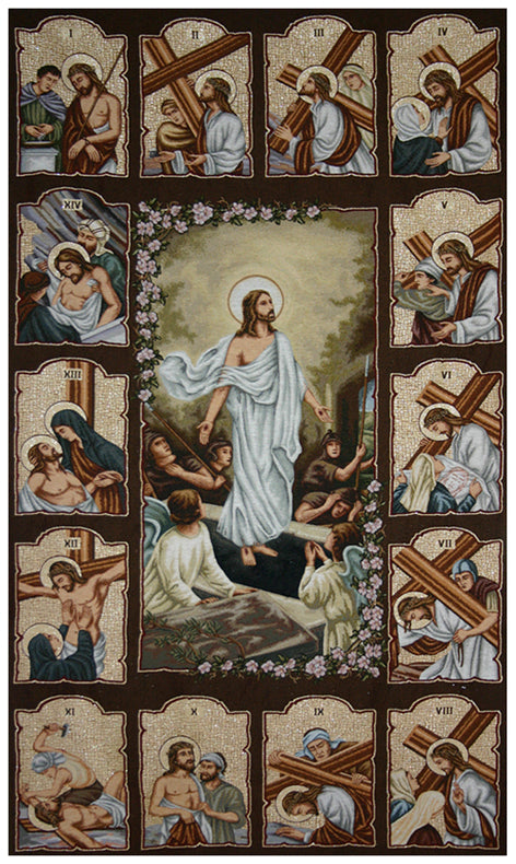 Stations of the Cross wall tapestry Religious artwork depicting Jesus Christ and scenes from his life in a church setting.