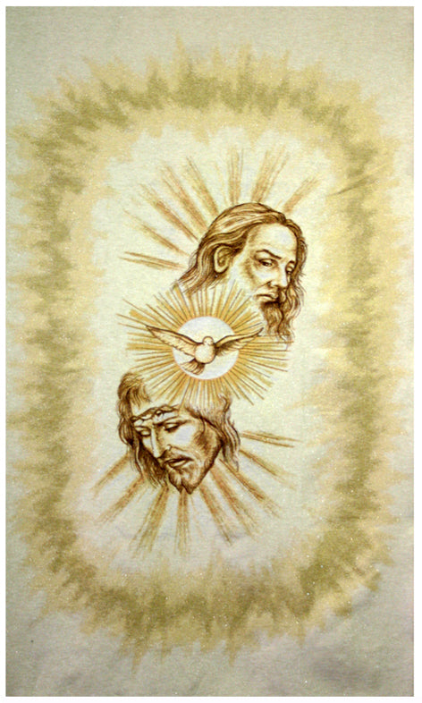 Illustration of a religious figure with a dove and halo on a textured bannerbackground