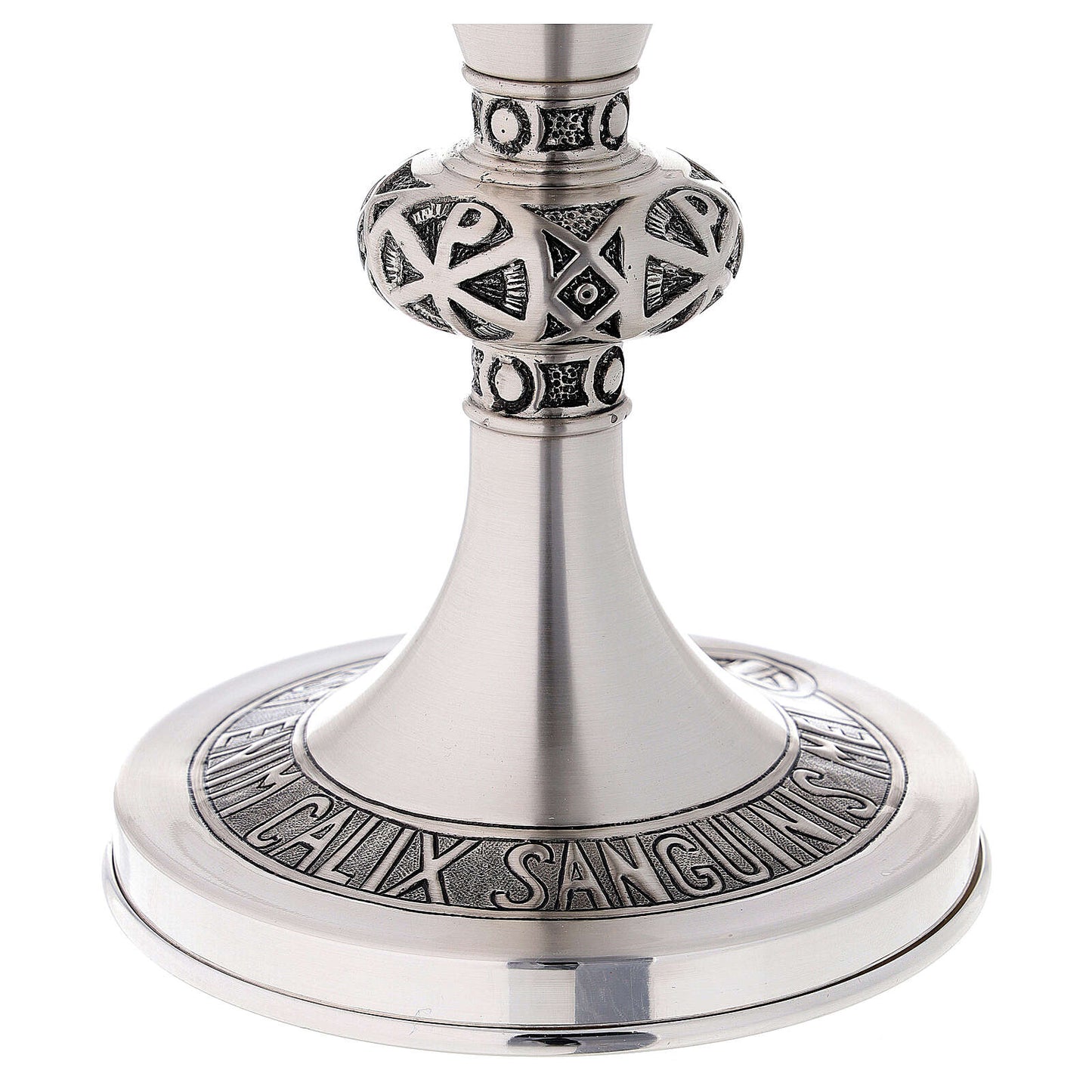 Chalice with chi rho node and inscription “HIC EST ENIM CALIX SANGUINIS MEI”. Made in Italy and sold by The Clergy Store