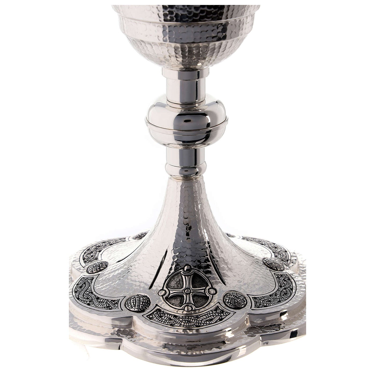 Chalice and Bowl Paten hammered silver plated brass with Celtic cross. Made in Italy and sold by The Clergy Store