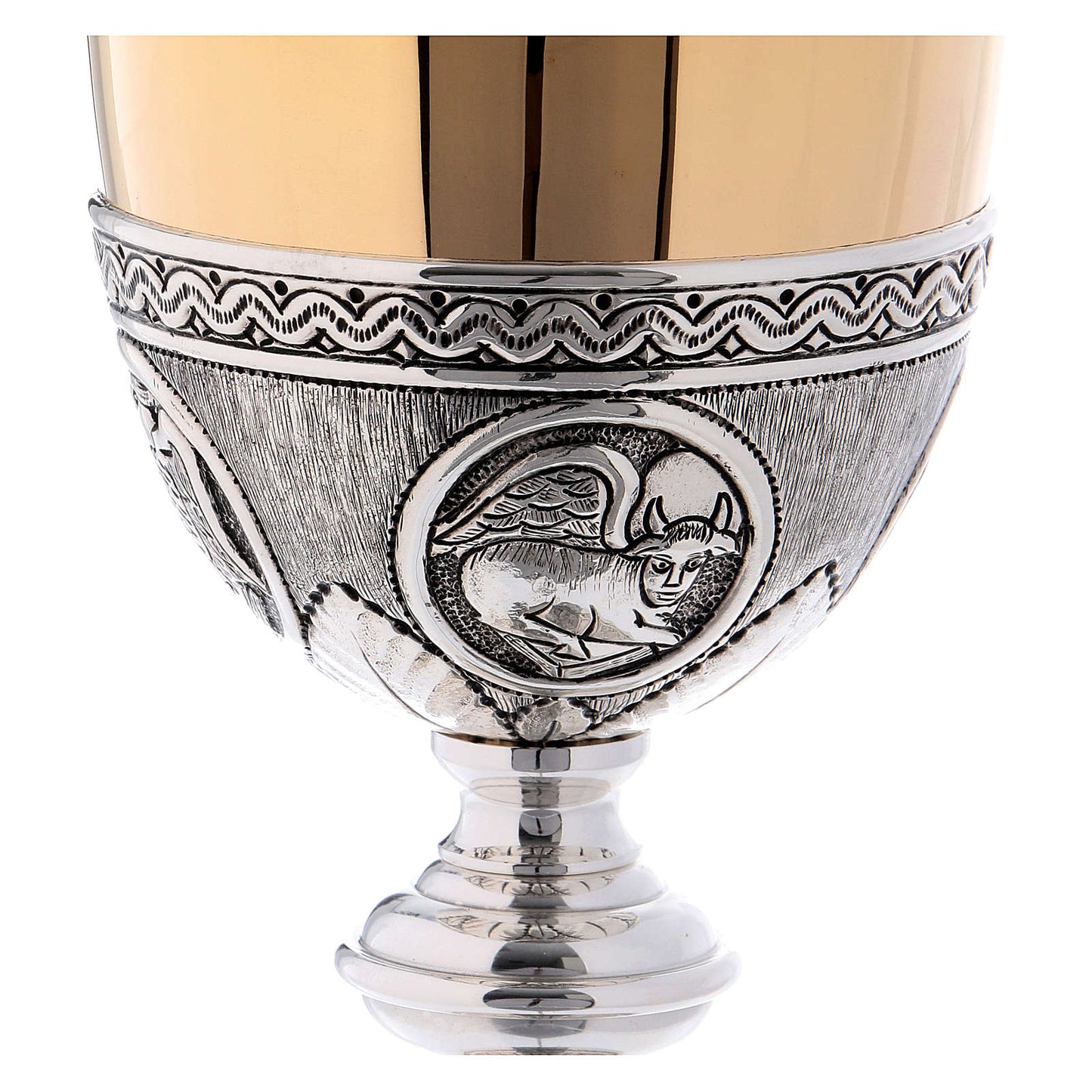 Chalice two tone finish with images of the 4 evangelist. Made in Italy and sold by The Clergy Store