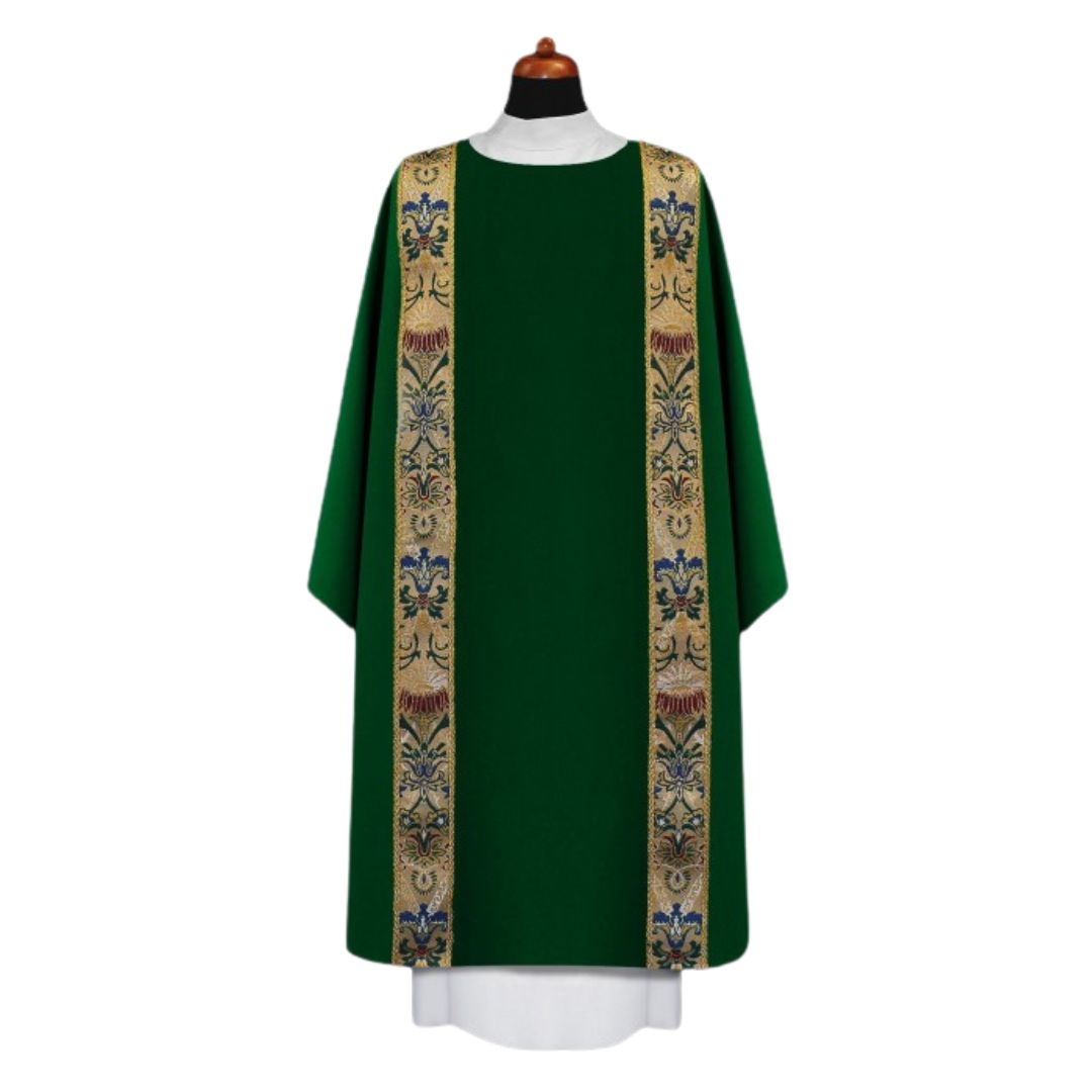 Deacon dalmatic with coronation woven bands. No collar Made in Poland and sold by The Clergy Store
