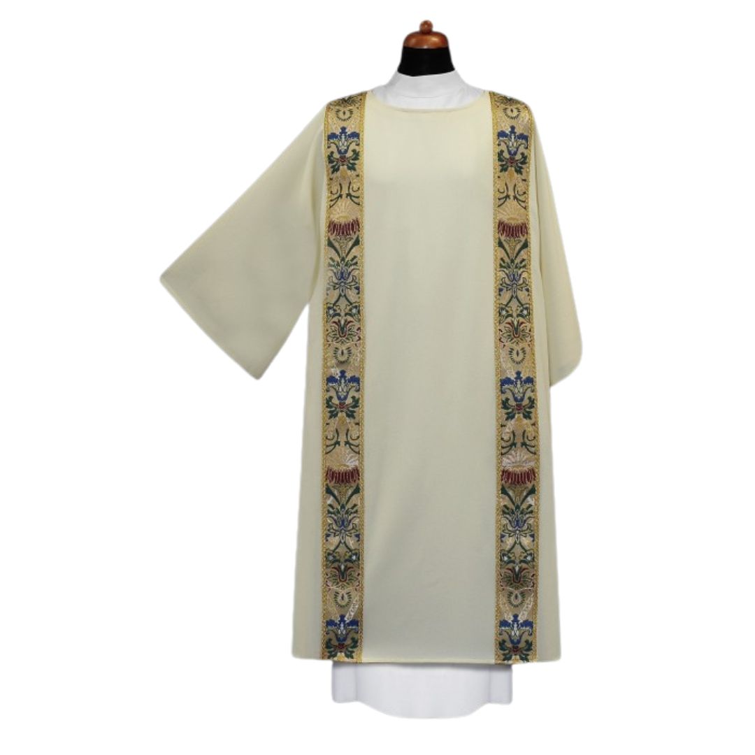 Deacon dalmatic with coronation woven bands. No collar Made in Poland and sold by The Clergy Store