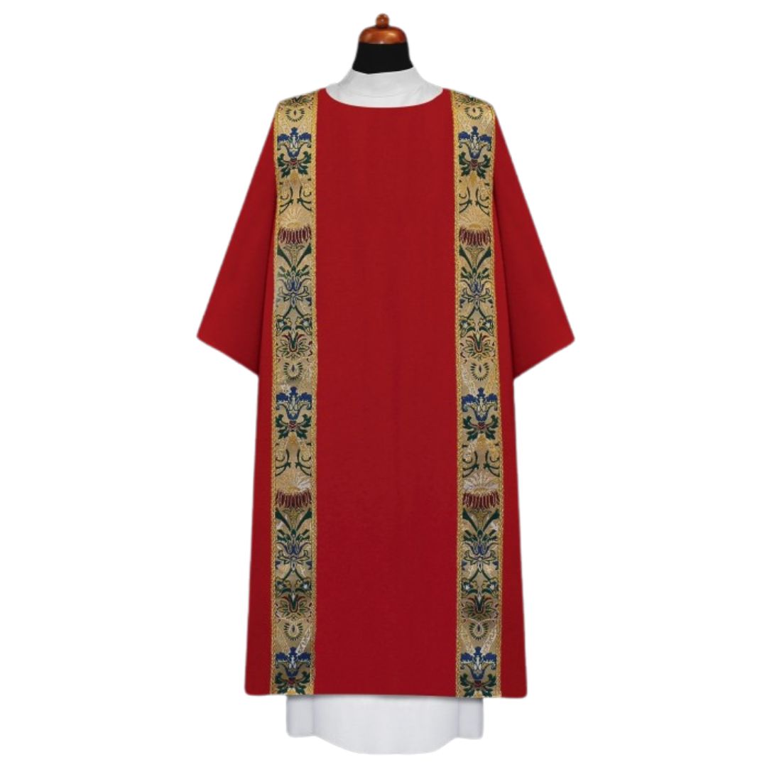 Deacon dalmatic with coronation woven bands. No collar Made in Poland and sold by The Clergy Store