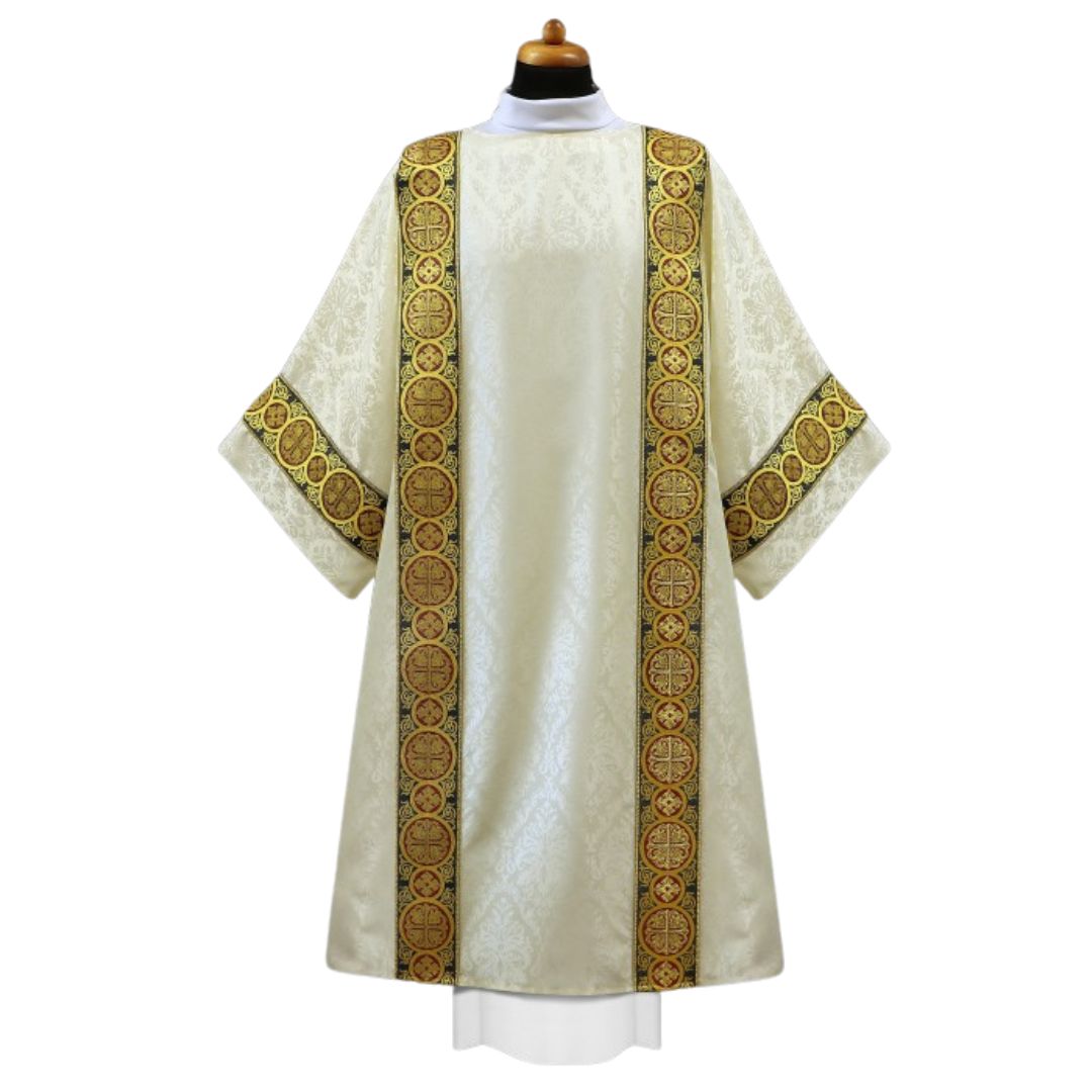 Deacon dalmatic with brocade bands on lightweight damask. No collar, Made in Poland and sold by The Clergy Store