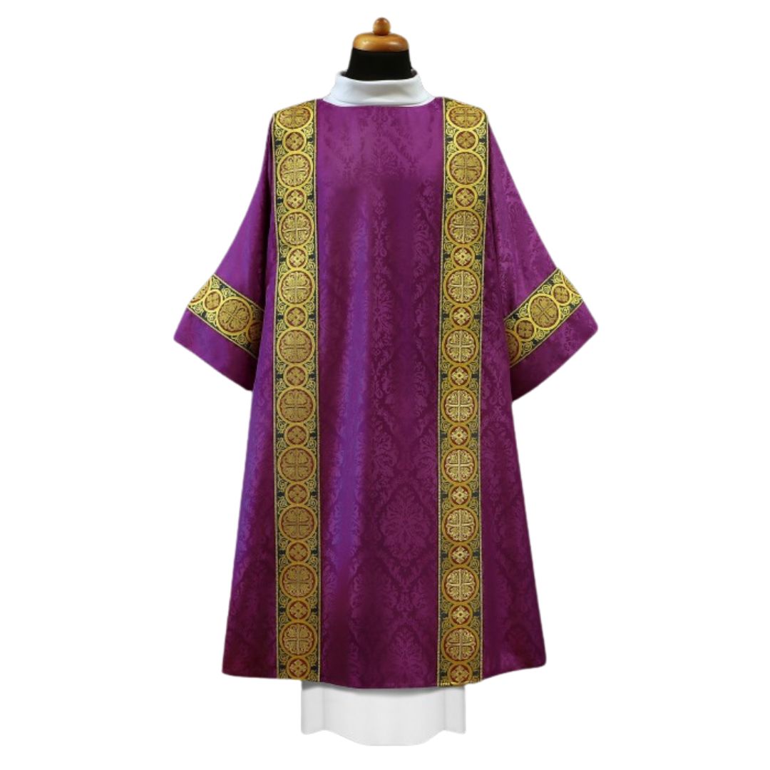 Deacon dalmatic with brocade bands on lightweight damask. No collar, Made in Poland and sold by The Clergy Store