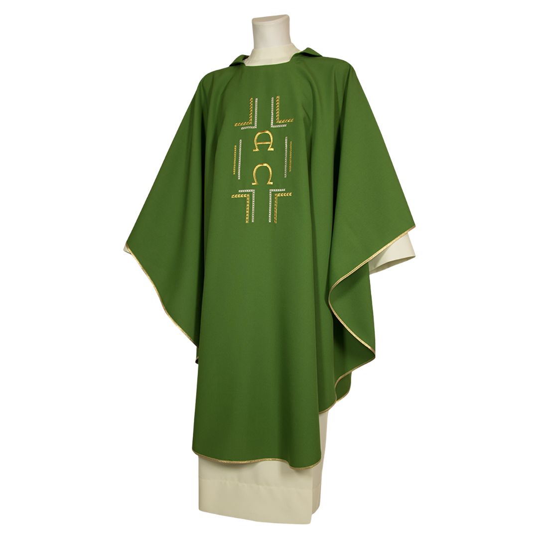 Gothic chasuble green with Alpha Omega Made in Italy and sold by The Clergy Store