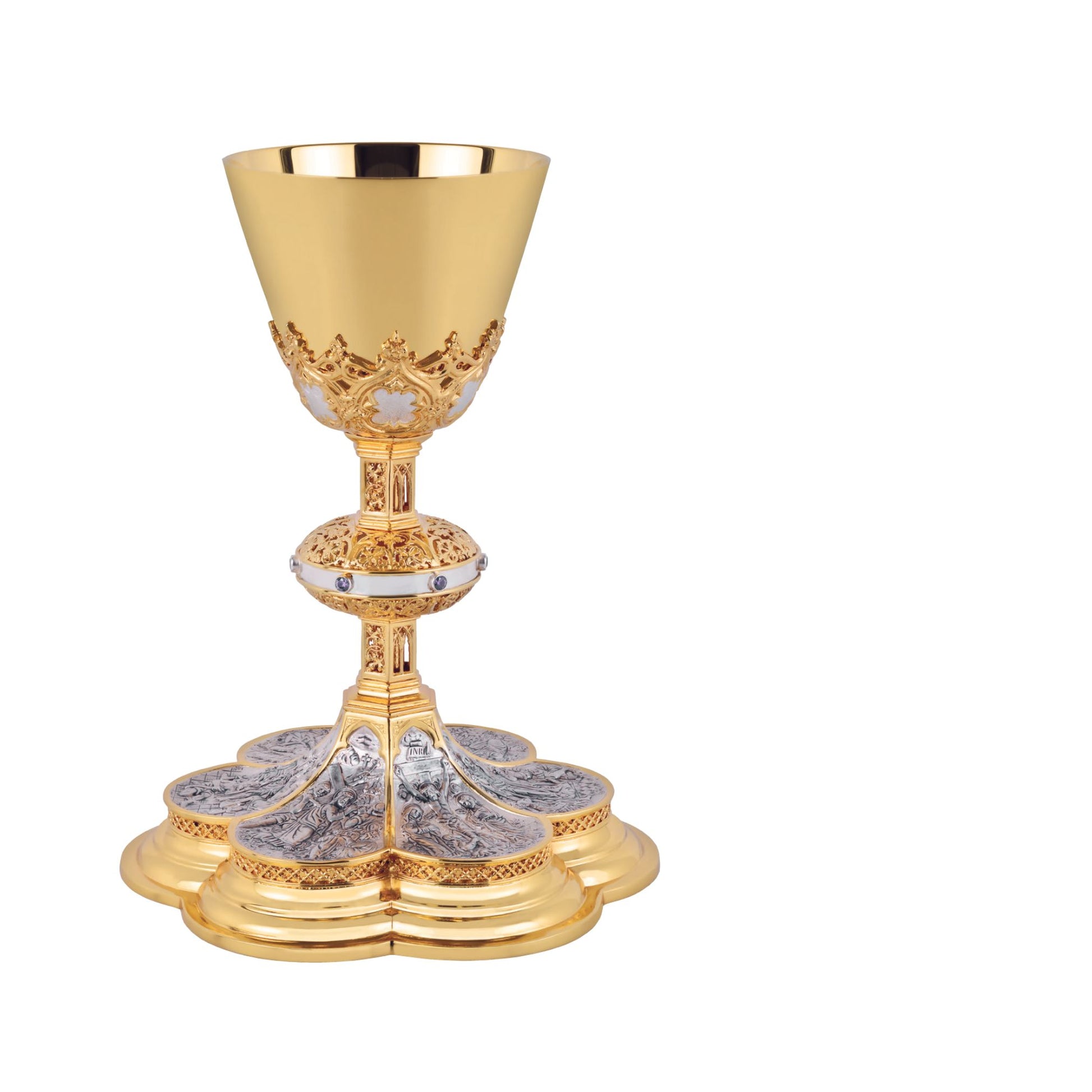 Chalice & Scale Paten in neo-gothic style with scenes from the New 
Testament ,  9” Ht.  sold by The Clergy Store