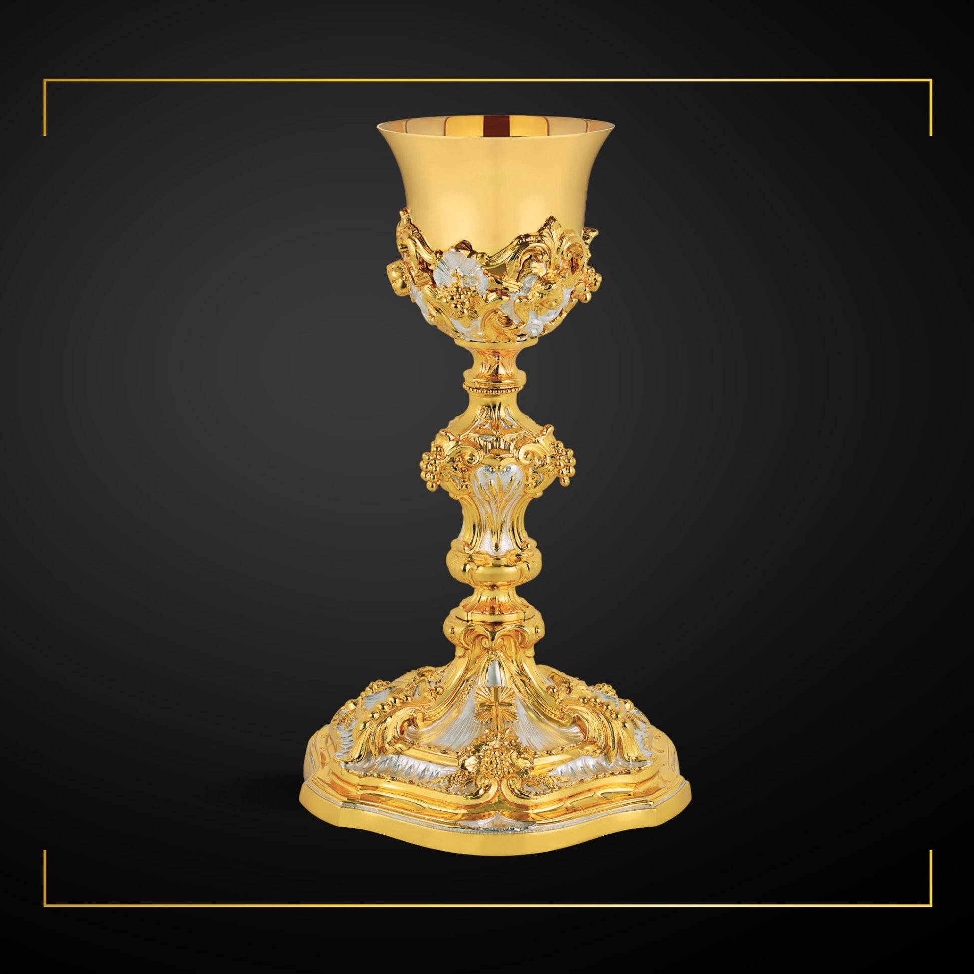 Chalice & Paten in baroque style, 11” Ht. sold by The Clergy Store