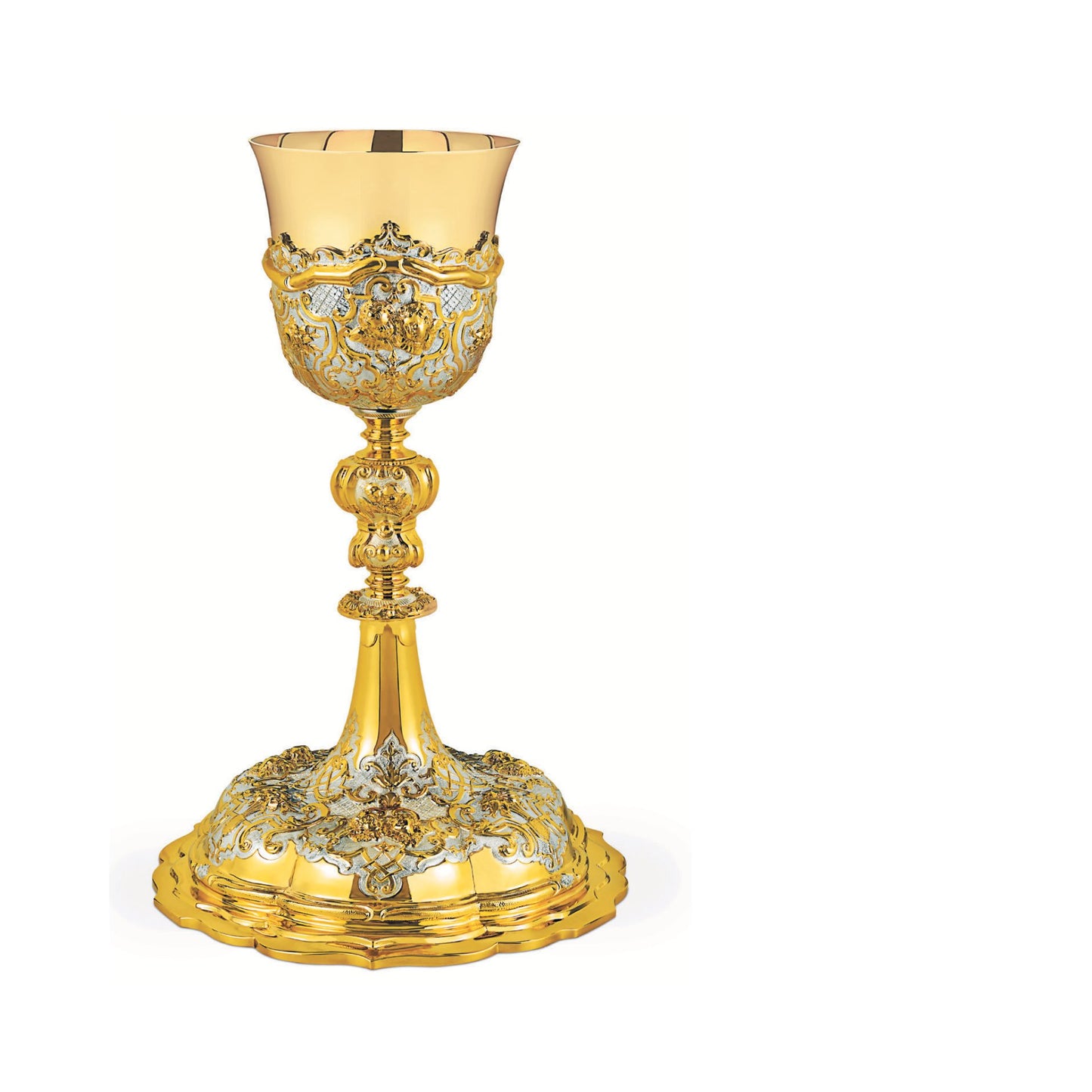 Chalice & Scale Paten in baroque style, 11” Ht. sold by The Clergy Store