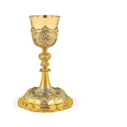 Chalice & Scale Paten in baroque style, 11” Ht. sold by The Clergy Store