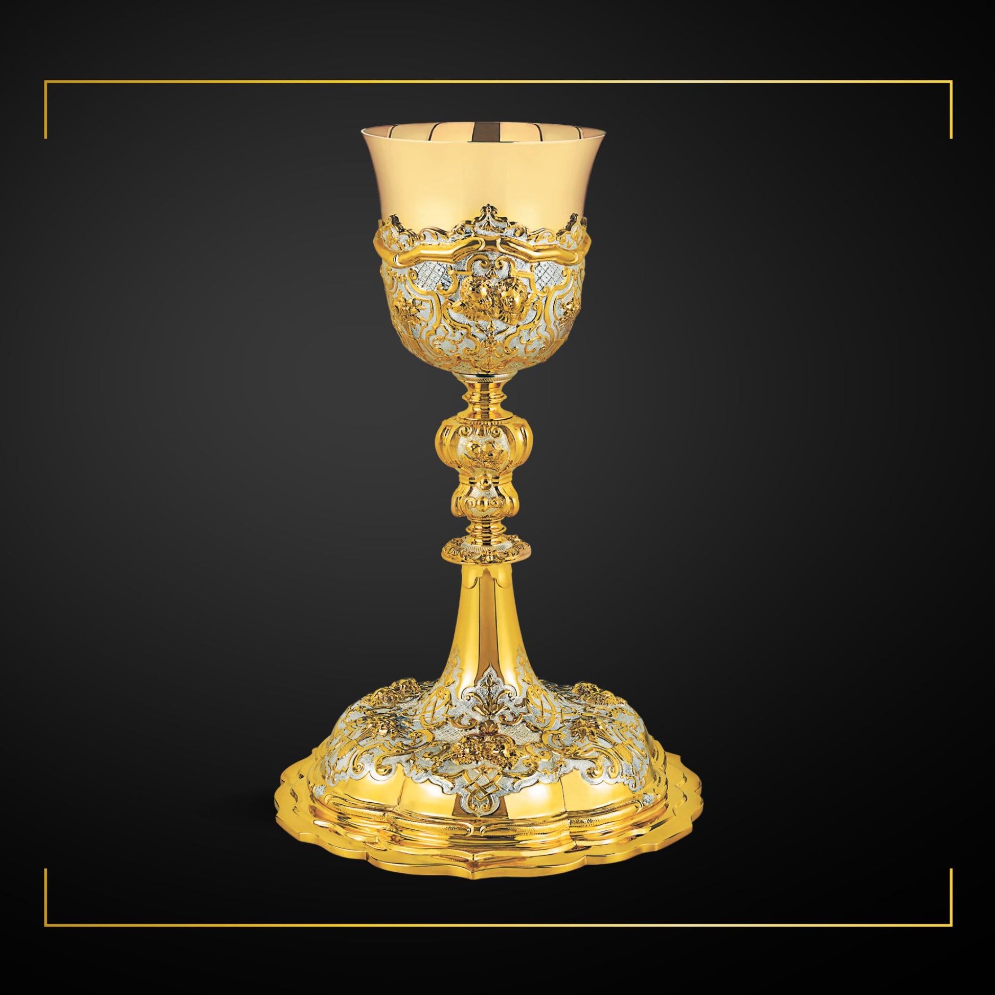 Chalice & Scale Paten in baroque style, 11” Ht. sold by The Clergy Store