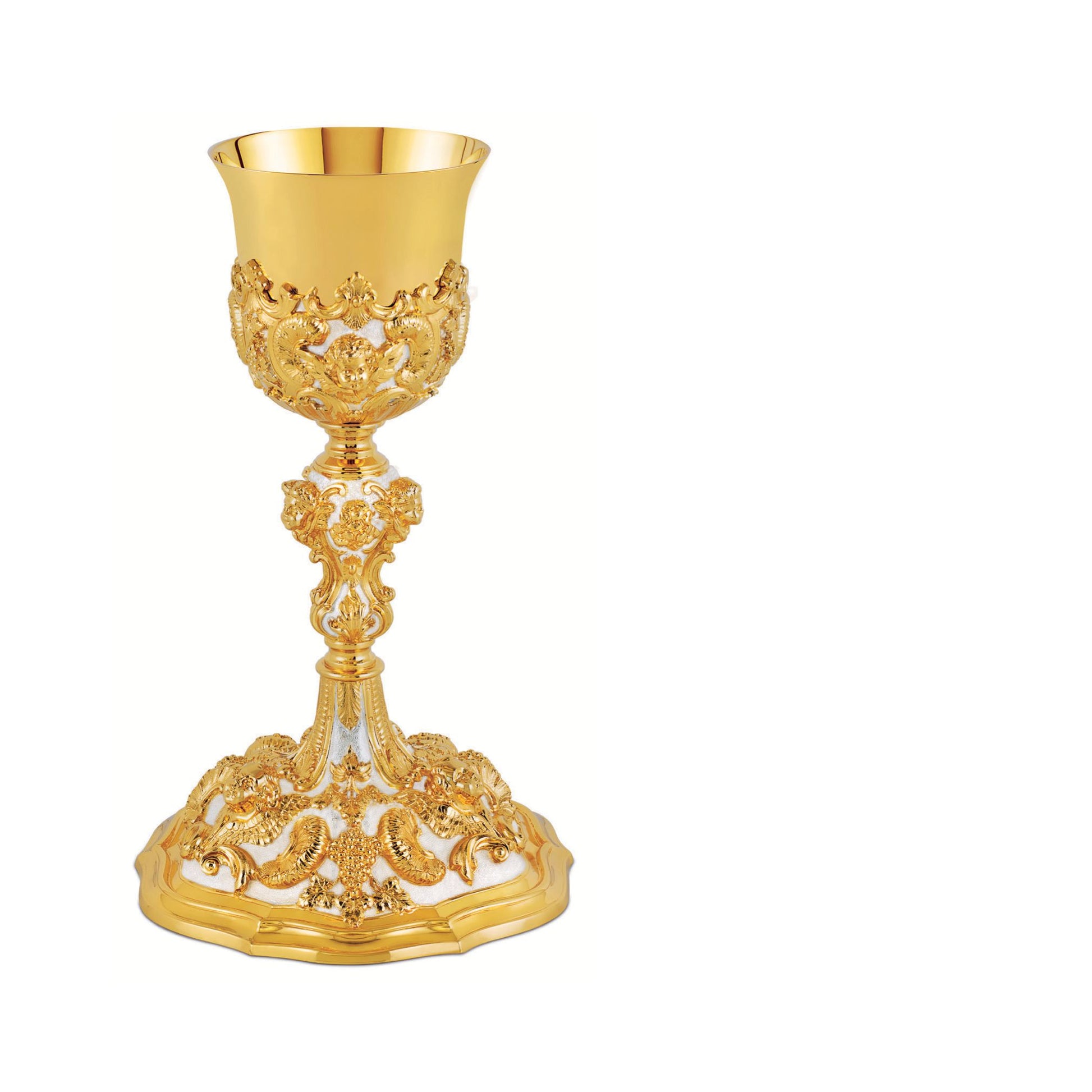 Chalice & Paten in baroque style,  9 7/8” Ht.  sold by The Clergy Store