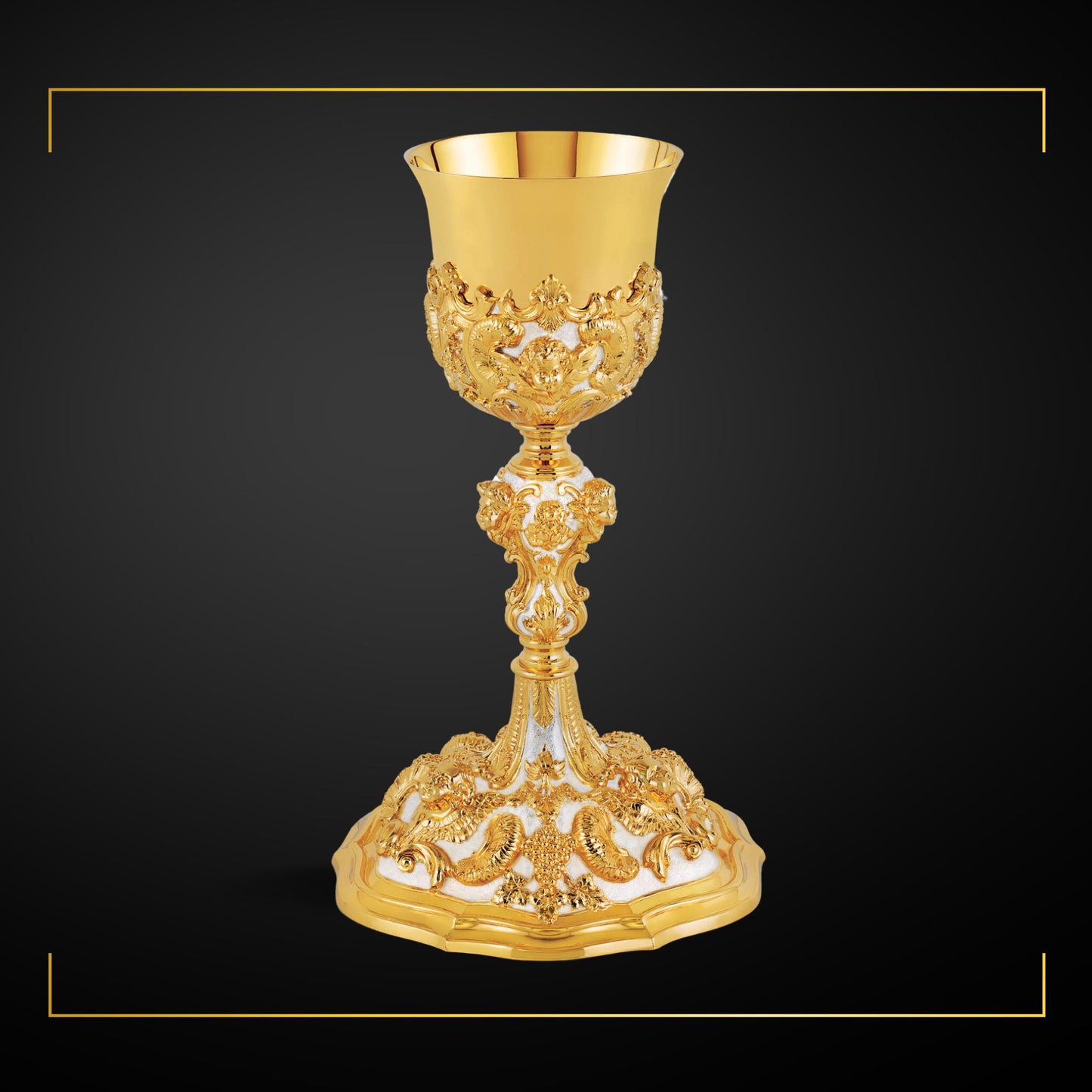 Chalice & Paten in baroque style,  9 7/8” Ht.  sold by The Clergy Store