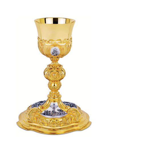 Chalice & Paten in baroque style with scenes from the New Testament 10” Ht.sold by The Clergy Store