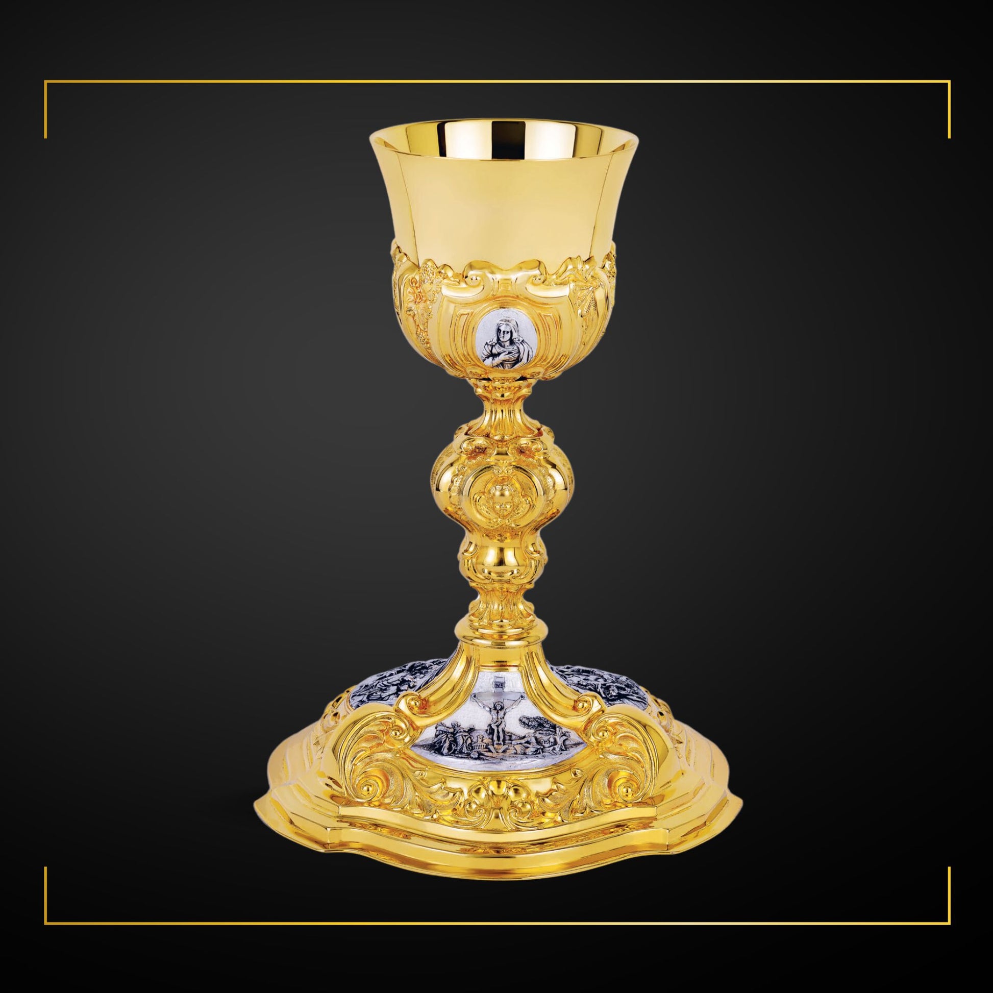 Chalice & Paten in baroque style with scenes from the New Testament 10” Ht.sold by The Clergy Store